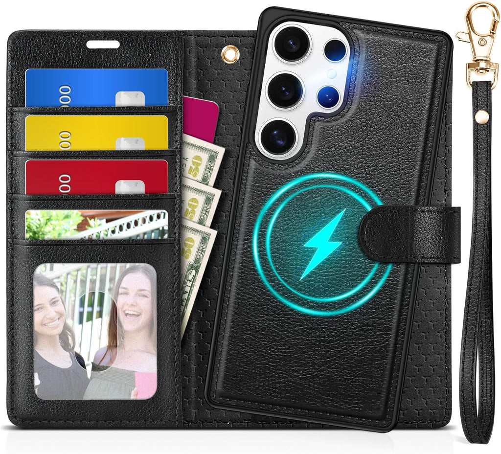 TUCCH Wallet Case for Galaxy S25 Ultra, [Removable] 2 in 1 [Wireless Charging] Wrist Strap RFID Blocking 4 Card Holders Magnetic Detachable Stand PU Leather Cover for Galaxy S25 Ultra, Textured Black