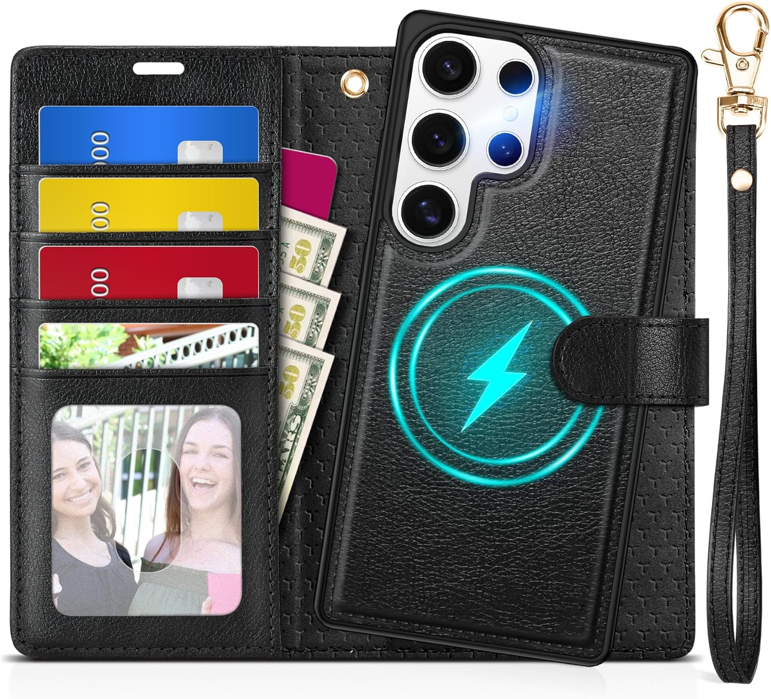 TUCCH Wallet Case for Galaxy S25 Ultra, [Removable] 2 in 1 [Wireless Charging] Wrist Strap RFID Blocking 4 Card Holders Magnetic Detachable Stand PU Leather Cover for Galaxy S25 Ultra, Textured Black