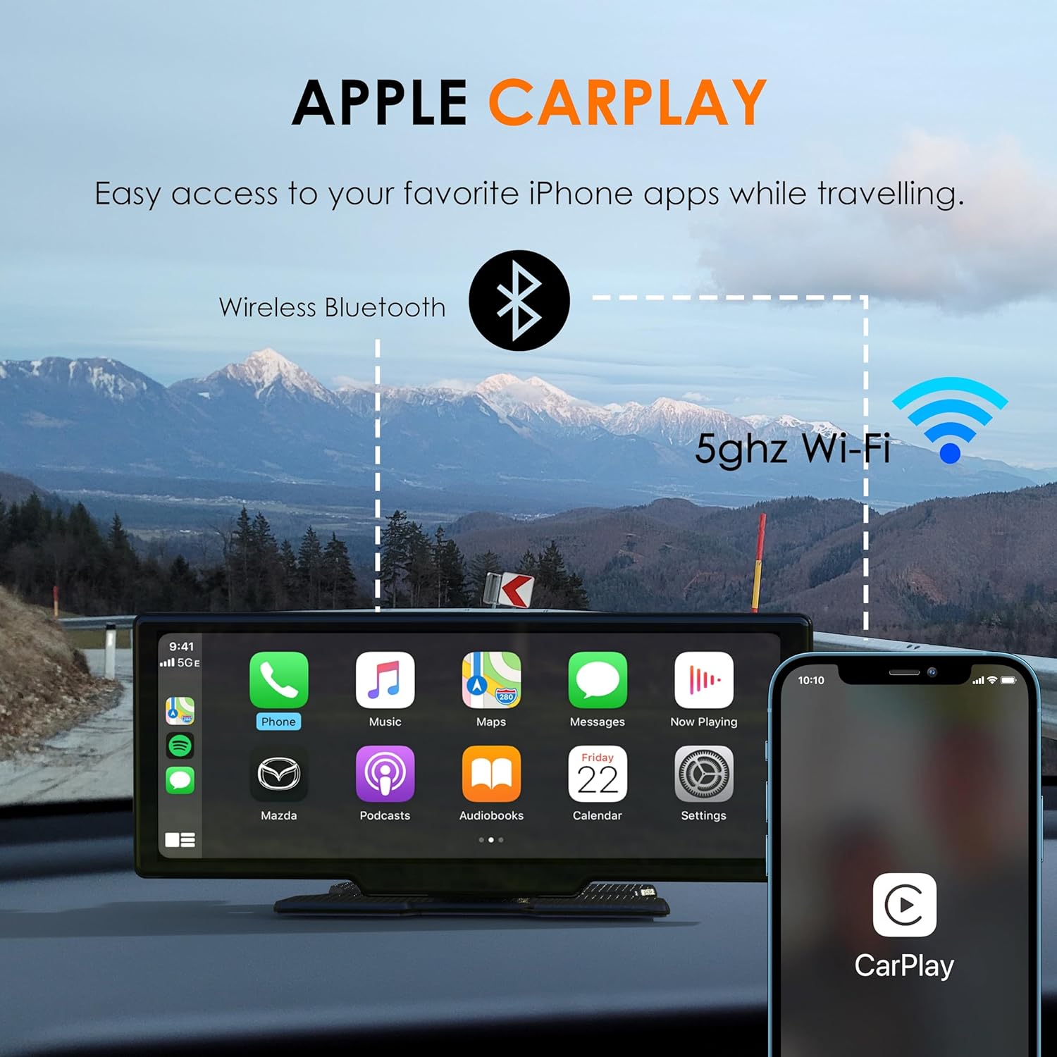 CPDuo Pro - 10.26" 4K Dash Cam with Wireless CarPlay & Android Auto, Touchscreen, GPS, Bluetooth, WDR, Night Vision, 170° Wide, Parking Mode