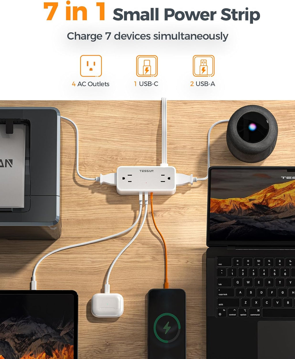 TESSAN Flat Plug Extension Cord 5 FT, Surge Protector Power Strip with 4 AC Outlets 1 USB C and 2 USB A Ports, 900 Joules Protection, Multiple Wall Outlet Extender Suitable for Home Office Dorm