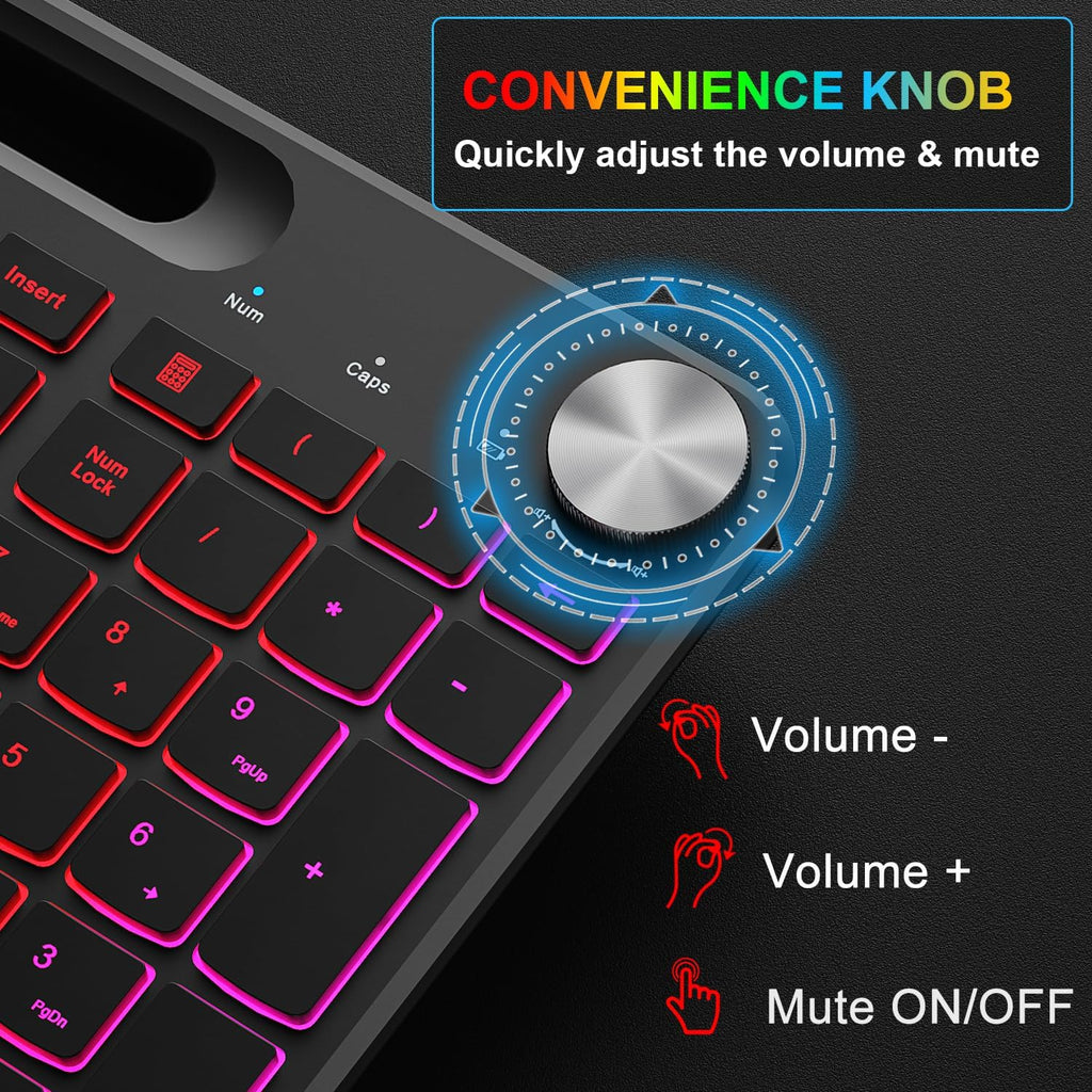 BlueFinger Wireless Keyboard and Mouse Combo Backlit, 2.4G Rechargeable Ergonomic Gaming Keyboard with Wrist Rest, Phone Holder, Volume Knob, Silent Light Up Keyboard with Mouse for Computer Laptop