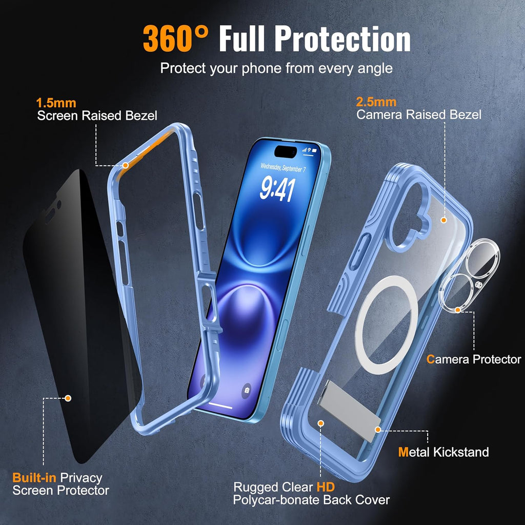 Magnetic & Stand for iPhone 16 Plus Case Built-in Privacy Screen Protector[360° Full Body Protection][Fit for Magsafe][Lens Protector] Heavy Duty Shockproof Phone Case for iPhone 16 Plus Blue