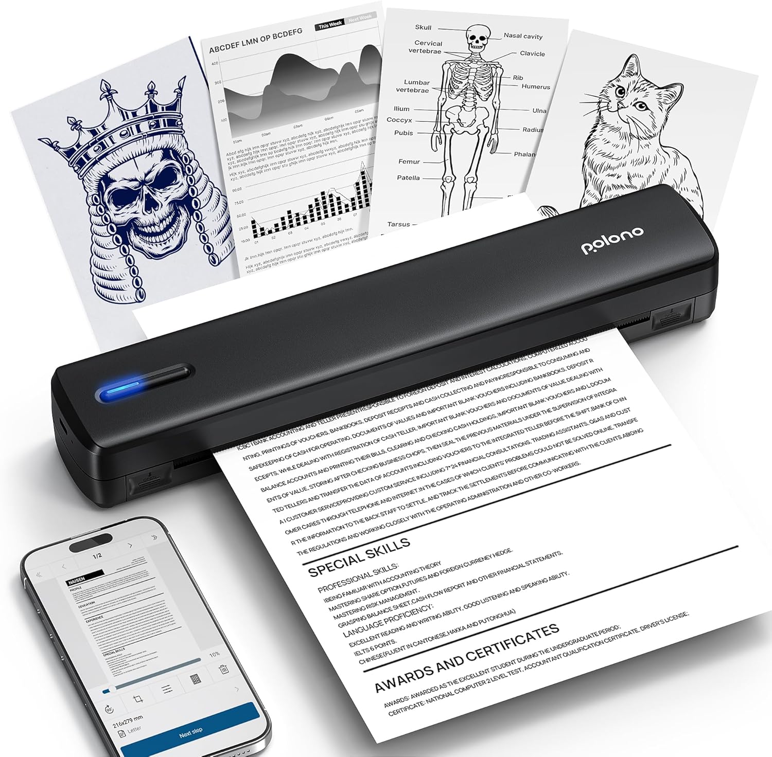 POLONO Portable Printer, D810 Inkless Bluetooth Thermal Printer Wireless for Travel, Compatible with iOS, Android, Laptop, Supports 8.5"x11" US Letter for Office, Car, Home, Black, 1 Pack