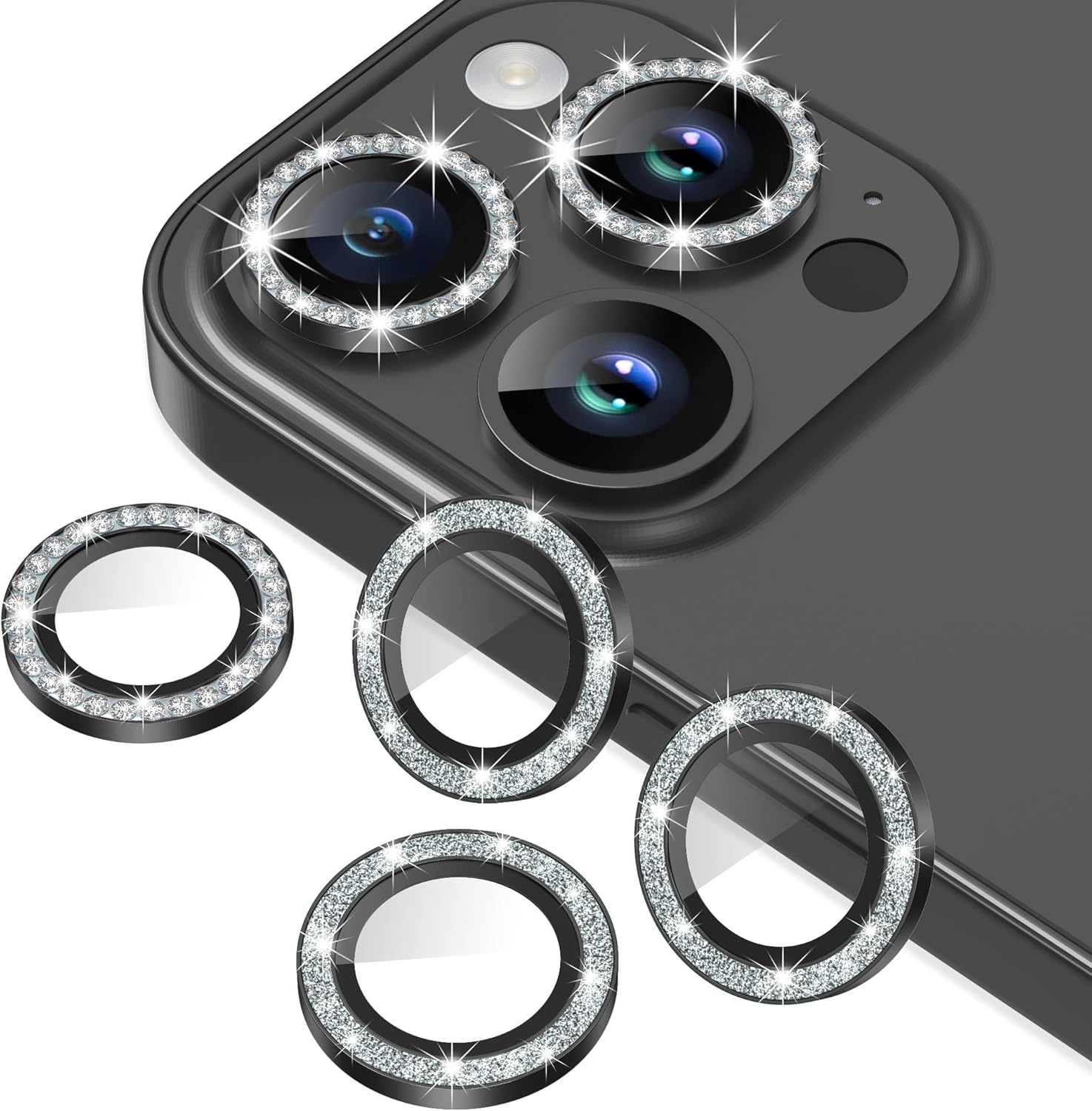 AGVEE 3+3 6 Pack for iPhone 14 Pro 6.1" / 14 Pro Max 6.7" Camera Lens Protector, Bling Diamond & Bling Glitter Metal Ring 9H Tempered HD Glass Camera Protector Cover Film, Bling-Black