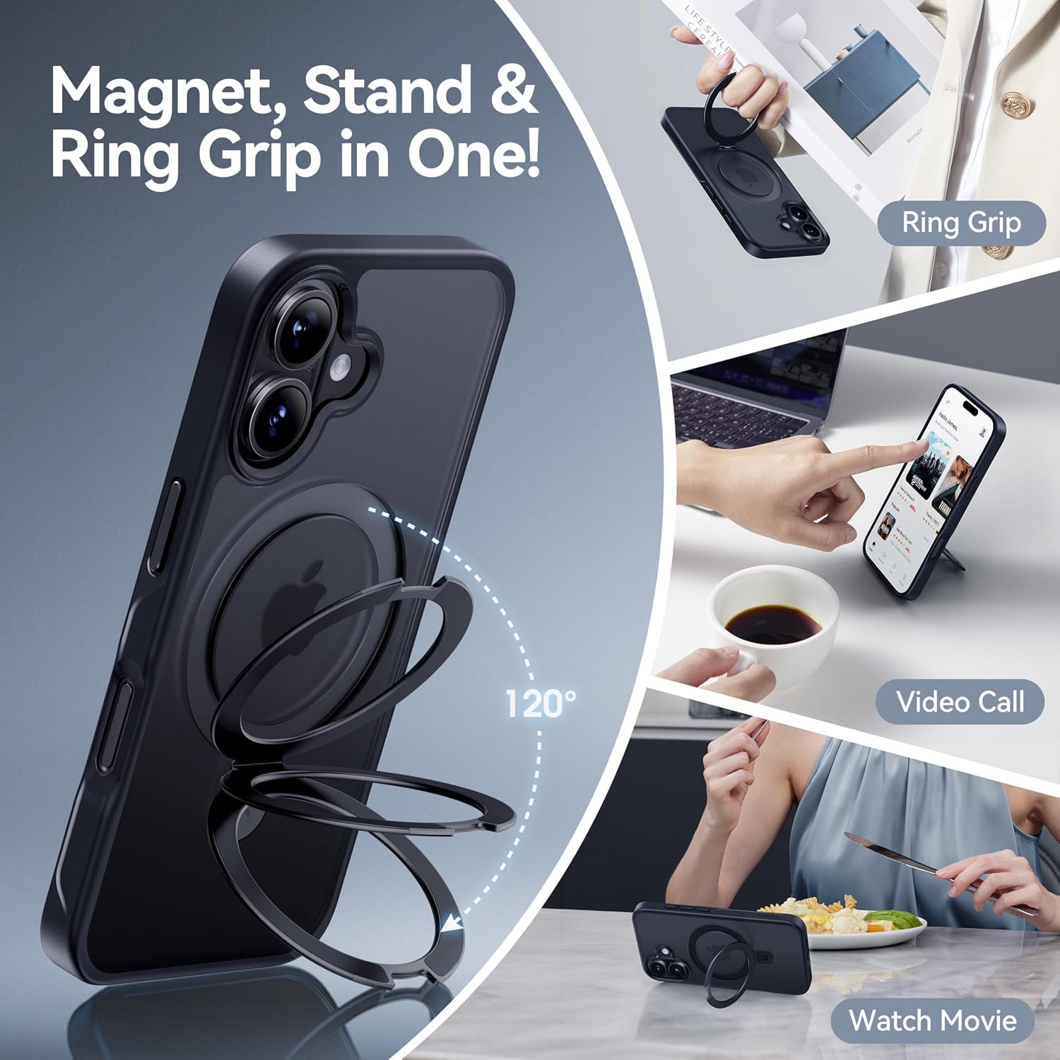CASEKOO Designed for iPhone 16 Case with Magnetic Invisible Stand [Military Drop Protection] [Compatible with MagSafe] Shockproof Slim Translucent Matte Case 6.1 Inch, Black