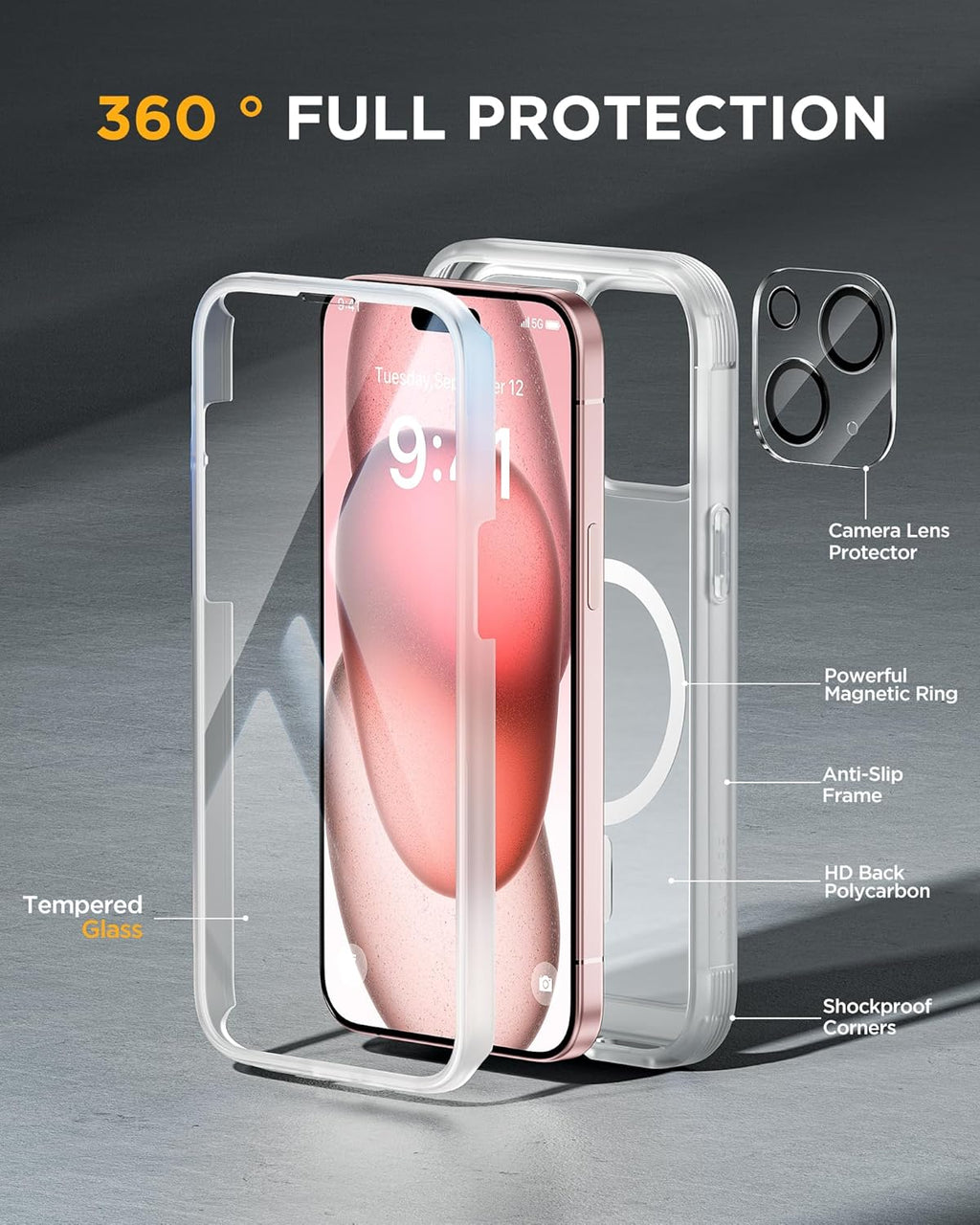 Miracase Magnetic for iPhone 15 Plus Case 6.7'' [Compatible with Magsafe] Full-Body 15 Plus Phone Case Cover with Built-in 9H Tempered Glass Screen Protector,Magnetic Frosted Clear
