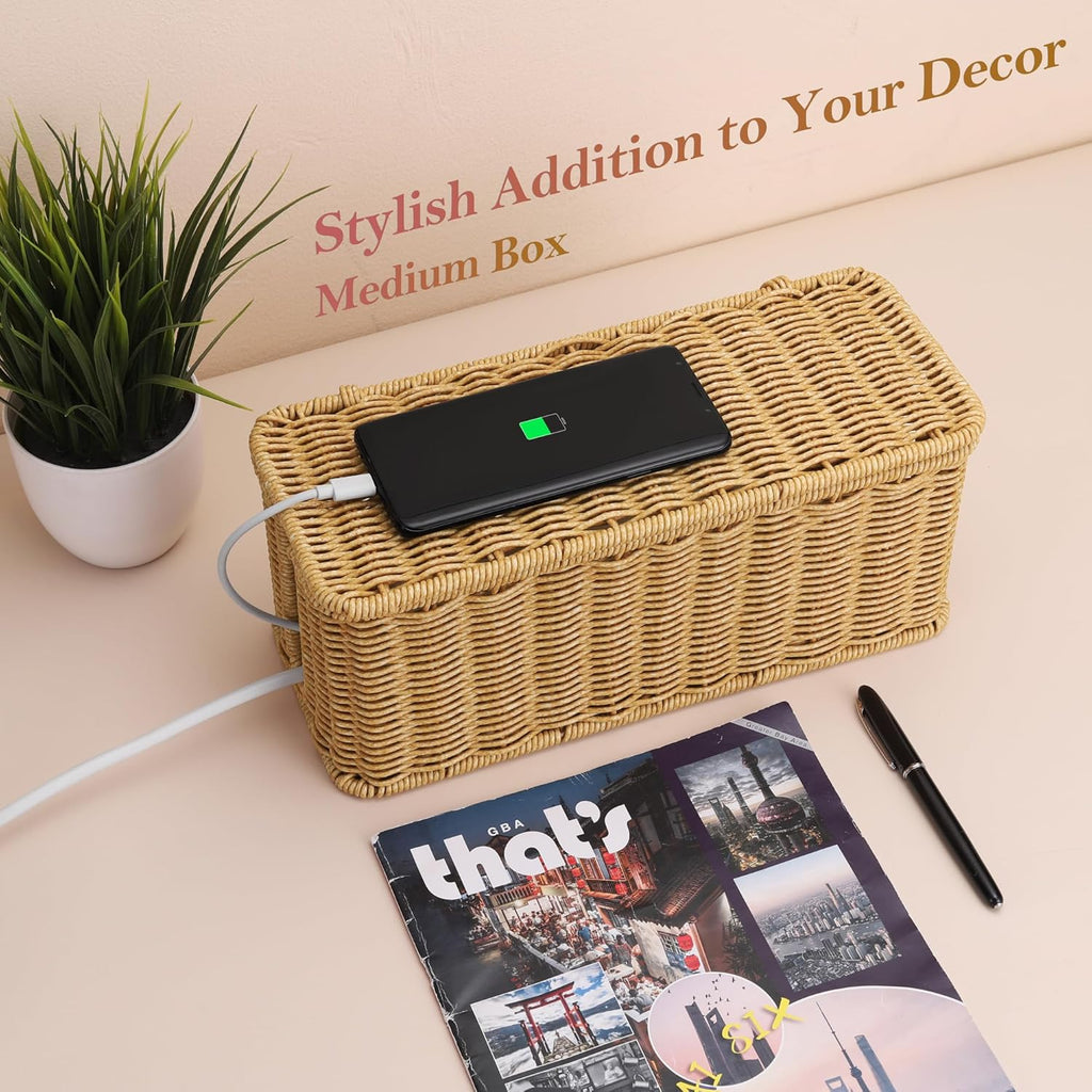 2Pack Large Cable Management Box, Handwoven Imitation Rattan Cord Organizer Cord Hider Box, Cable Organizer Box for Desk, Cord Management Box to Hide Cords and Power Strips