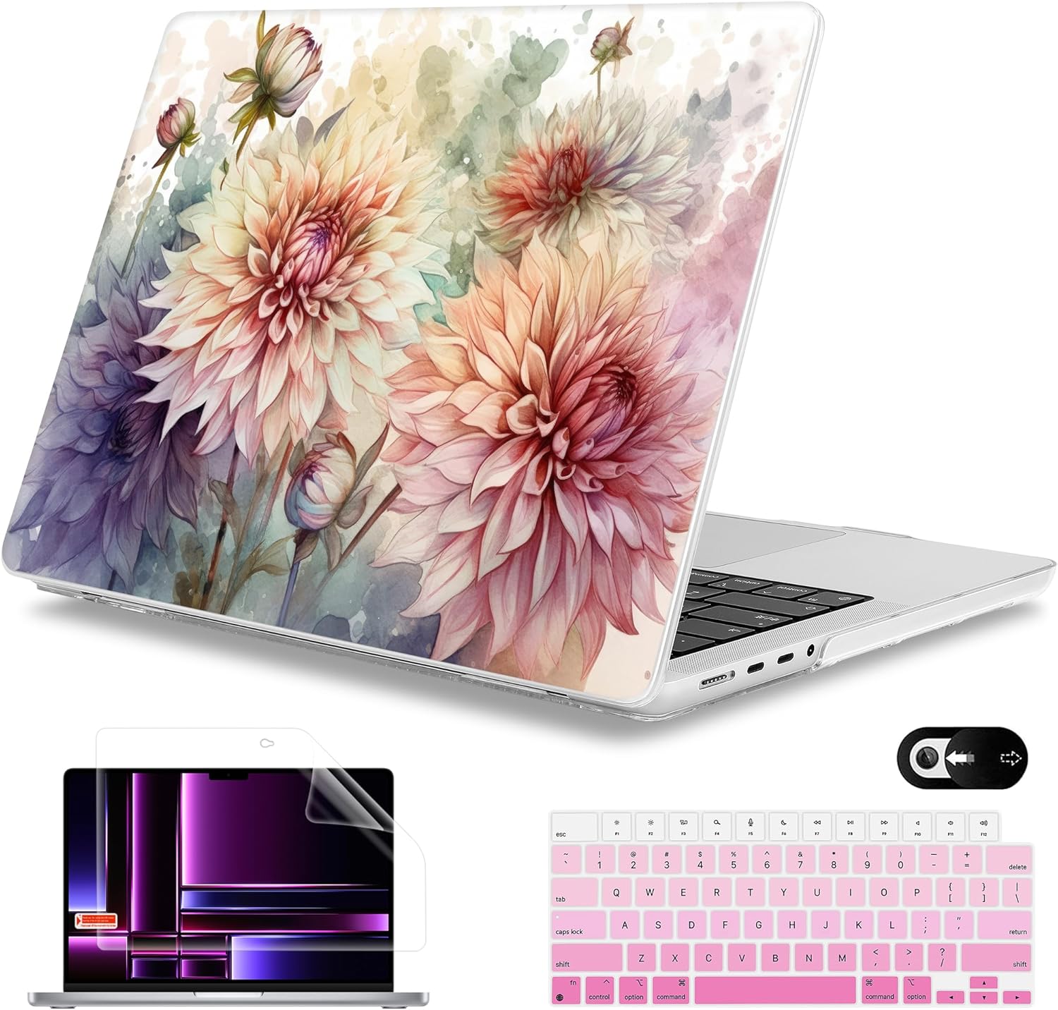 Mektron Case for MacBook Pro 16" M4 A3403 A3186 M3 A2991 M2 A2780 M1 A2485 (2021/2023/2024) Pro/Max with Touch ID, Hard Shell Plastic Laptop Cover Keyboard Cover Screen Protector, Watercolor Dahlias
