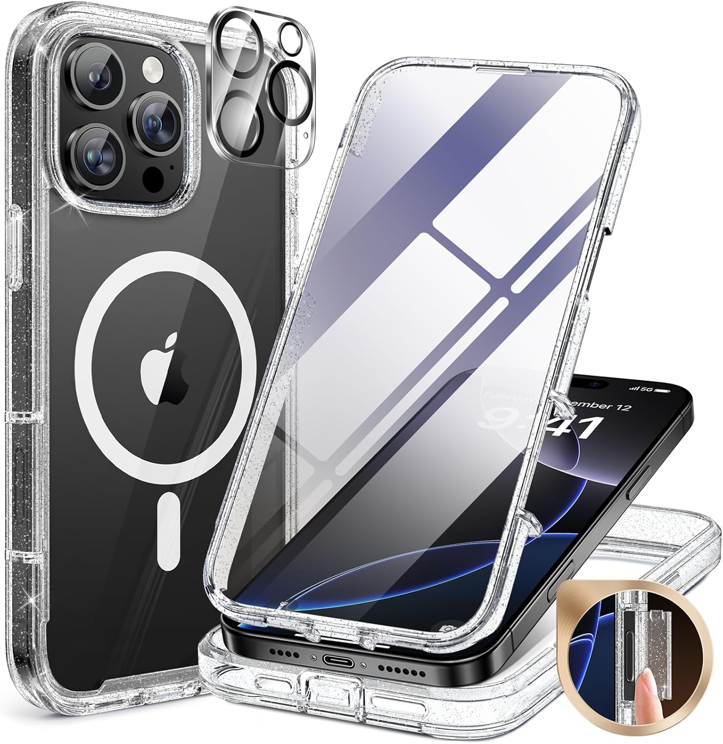 Miracase Magnetic for iPhone 16 Pro Case Full-Body Phone with Built-in Glass Screen Protector, [Compatible with MagSafe] Military Drop Proof 16 Pro Cover Bumper 6.3 inch, Clear Glitter