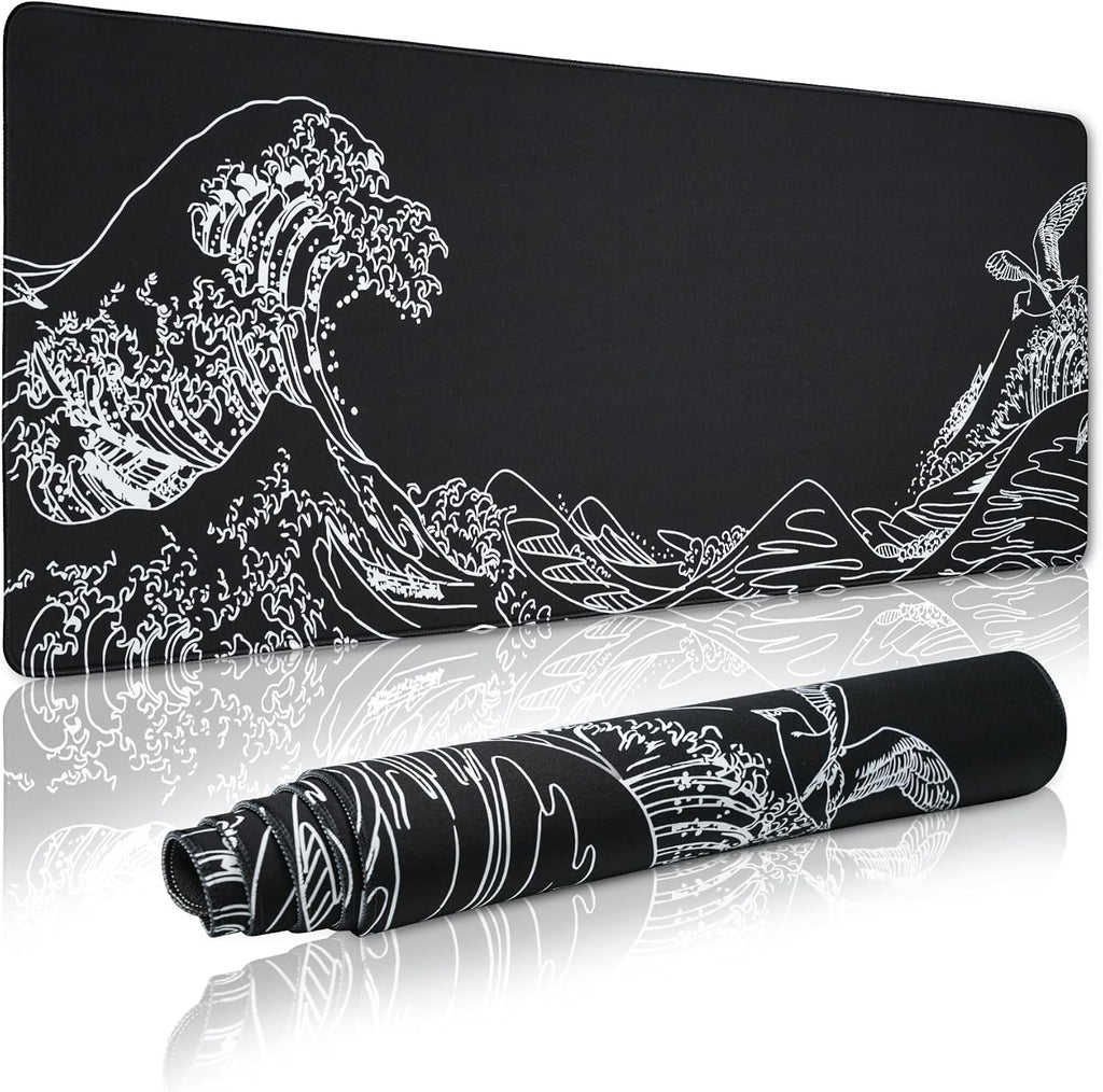 Large Gaming Mouse Pad for Desk,Kanagawa XXL Mouse Pad 35.4x15.7 Inch,Waterproof Desk Pad,Non-Slip Rubber Base Mice Pad,Keyboard Pad Computer Mat,Black Mouse pad