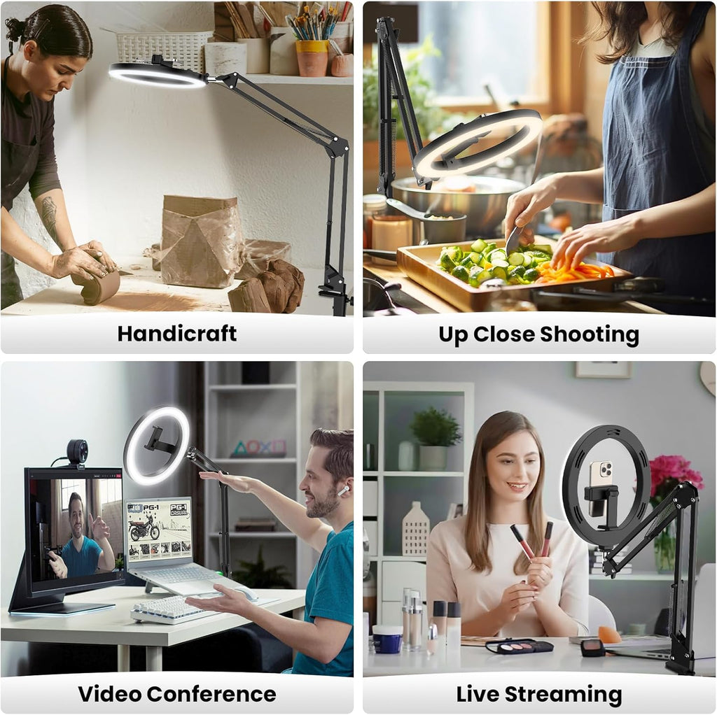 Overhead Camera Mount with Ring Light Phone Holder,10" LED Ring Light for Desk with Stand and Remote for iPhone,Phone Tripod with Light for Video Recording TikTok Live Stream Cooking Kitchen Vlogging