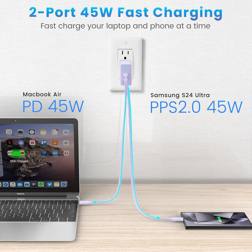2Port 45W Super Fast Charger Type C, 2Pack 45W USB-C Charger Fast Charging for Samsung Galaxy S24 Ultra/S24+/S24/S23 Ultra/S23+/S22/S20/Note10+ with 2X 6.6ft Type C Cord (Purple)