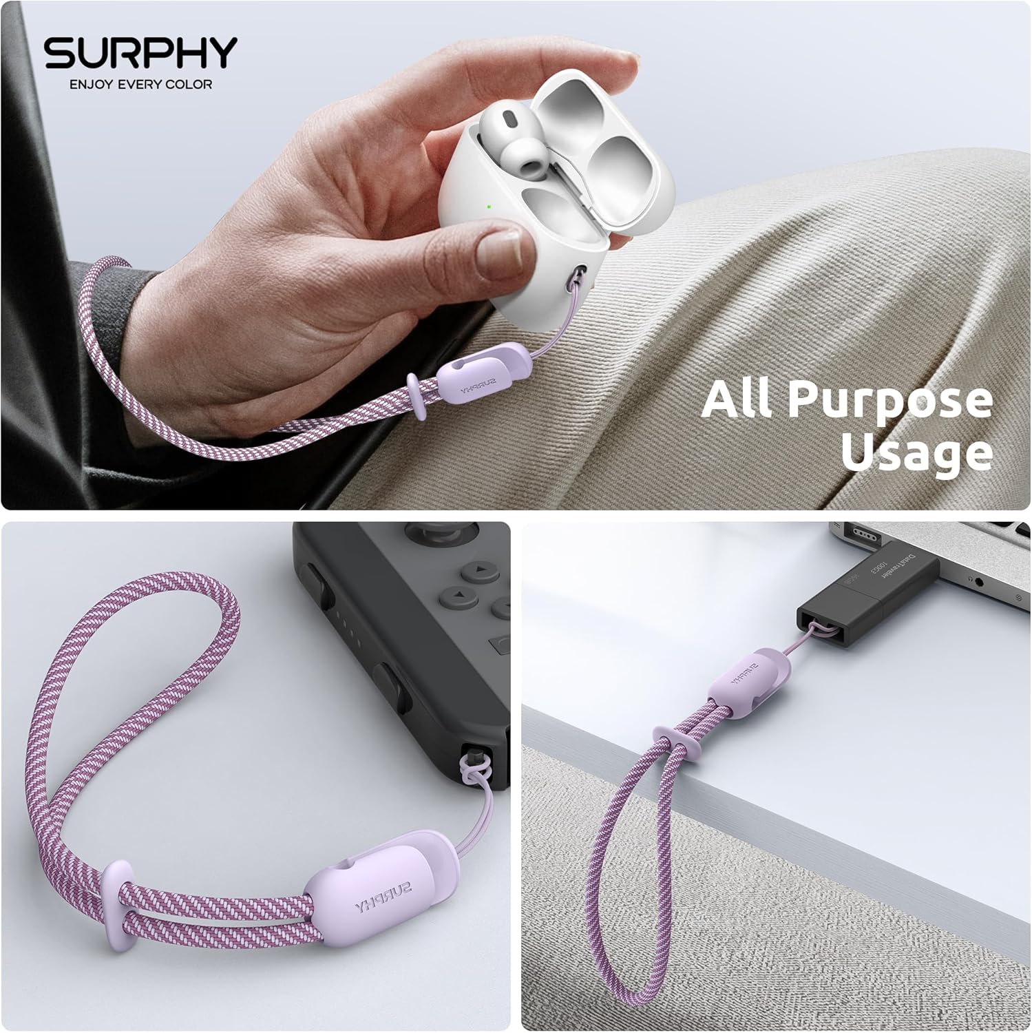 SURPHY 2 Pack Phone Lanyard for Cellphone Case, Phone Wrist Strap for Case, Cellphone Strap with 2-Color Braided, Charm Wrist Lanyard for Women and Men, Lilac & Gray