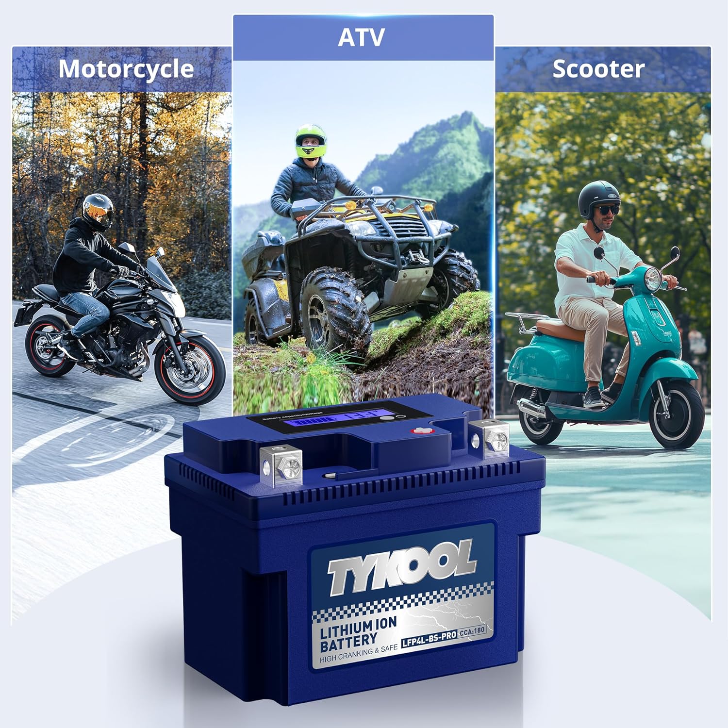 TYKOOL YTX4L-BS-Pro High PerformanceLithium Motorcycle Battery,180CCA 12.8V 3Ah LiFePO4 Powersports Battery,Built-in BMS,for Dirt bikes,ATV,Scooter,4 wheeler,Hongda grom,Motocross,Riding Lawn Tractor