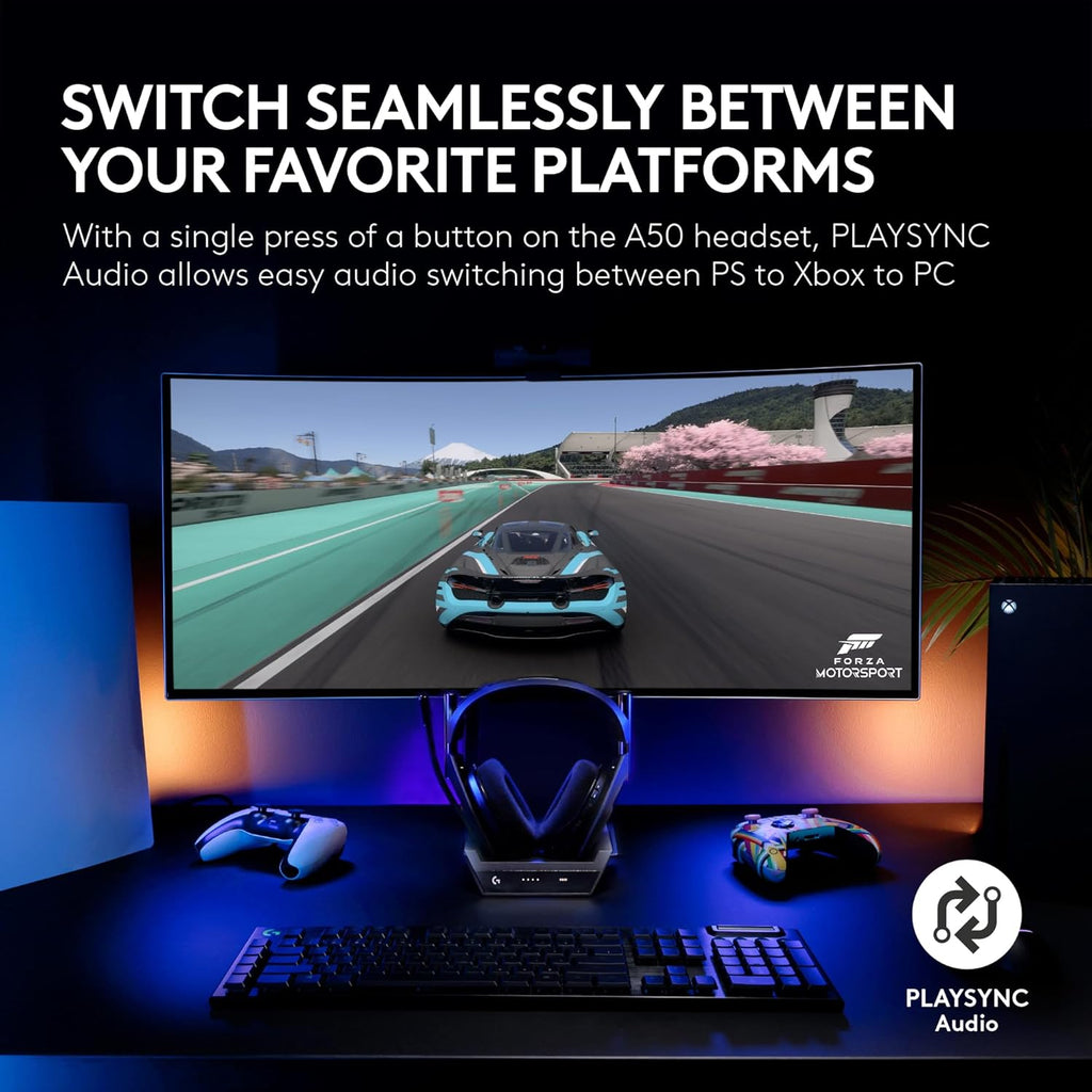 Logitech G Astro A50 Omni-Platform Wireless Gaming Headset + Base Station for PS5, Xbox, PC: PLAYSYNC Audio Switcher, <16 bit/48kHz (Console), <24 bit/48 kHz (PC), 24hr Battery, 2.4GHz & BT - White