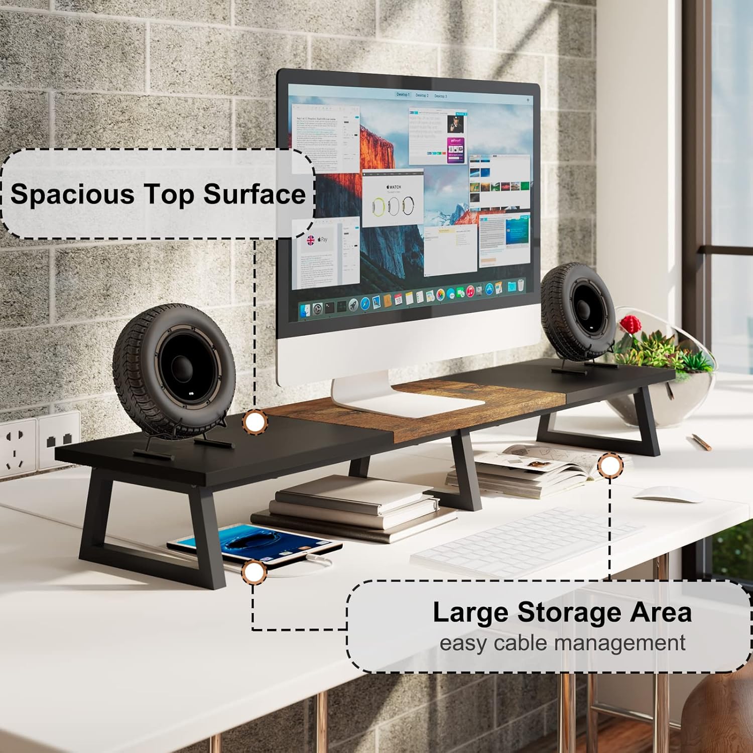 TEAMIX 42 inch Large Dual Monitor Riser, Extra Long Monitor Stand Riser for 2 Monitors, Wood & Steel Desktop Riser Desk Organization Home Office (Black+Brown, 42 inch)