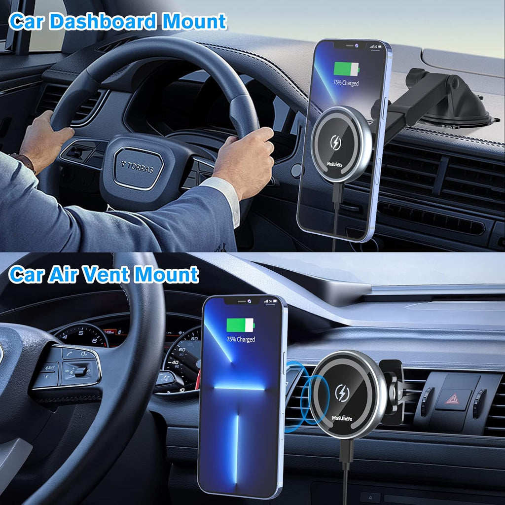 for MagSafe Car Mount Charger, Magnetic Wireless Fast Charging for iPhone16,15,14, 13, 12 Pro Max,Plus,Mini,3-in-1 Vent/Dash/Windshield Auto-Alignment Phone Holder（No 36W QC3.0 Adapter）