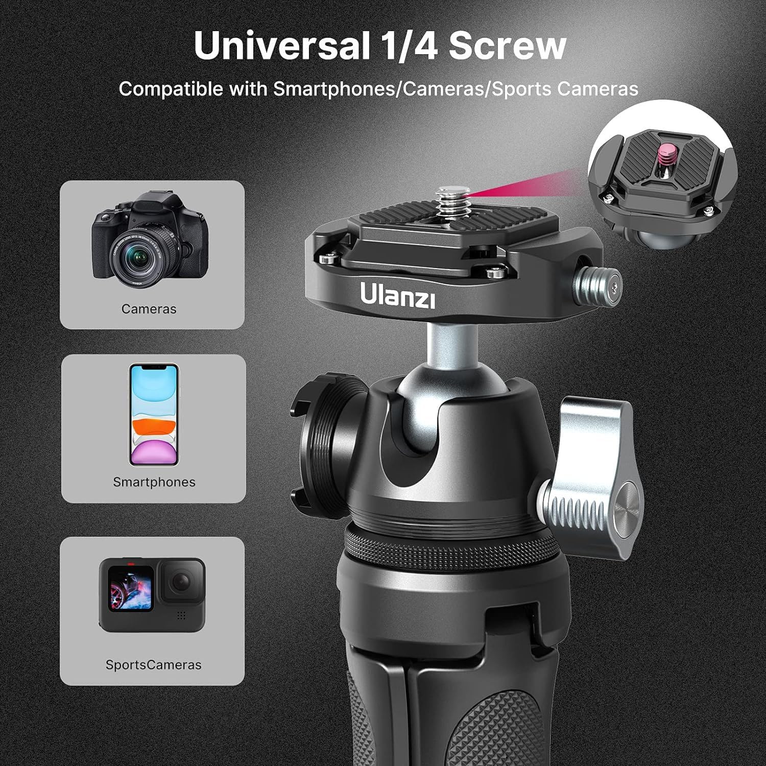 ULANZI Camera Tripod, MT-46 Aluminum Alloy Phone Tripod for Camera with F38 Quick Release Plate, 4 Levels Adjustment 360 Ball Head with Cold Shoe Lightweight Portable Vlog Travel Selfie Stick for DSLR