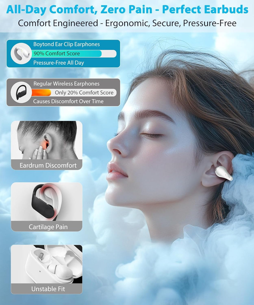Ultra Open Ear Earbuds - Ergonomic Clip-On Earbuds, Small Bone Conduction Over-The-Ear Headphones with Waterproof Design, Perfect Running Headphones for Sports and Fitness, Pearl White