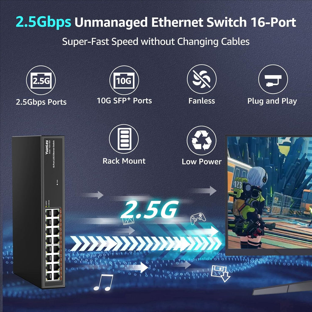 YuanLey 16 Port 2.5GB Umanaged Ethernet Switch, 16 x 2.5G Base-T Ports, Compatible with 100/1000/2500Mbps, Metal Fanless, Desktop/Rack Mount YuanLey 2.5 Gigabit Network Switch for Wireless AP, PC