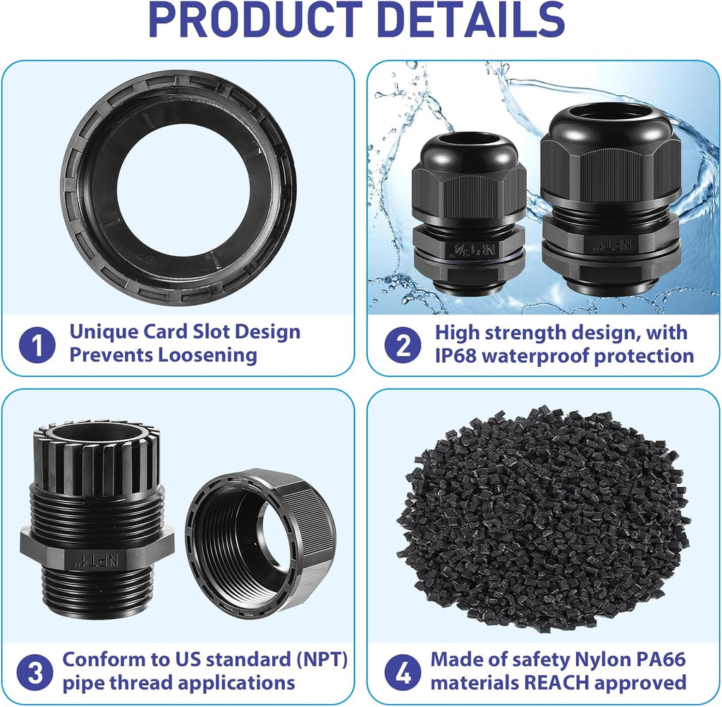 IP68 Waterproof NPT Cable Glands Assortment - 38pcs Cord Grip for Cables 1/4'', 3/8", 1/2", 3/4" - UL Listed and RoHS Compliant - Nylon Strain Relief