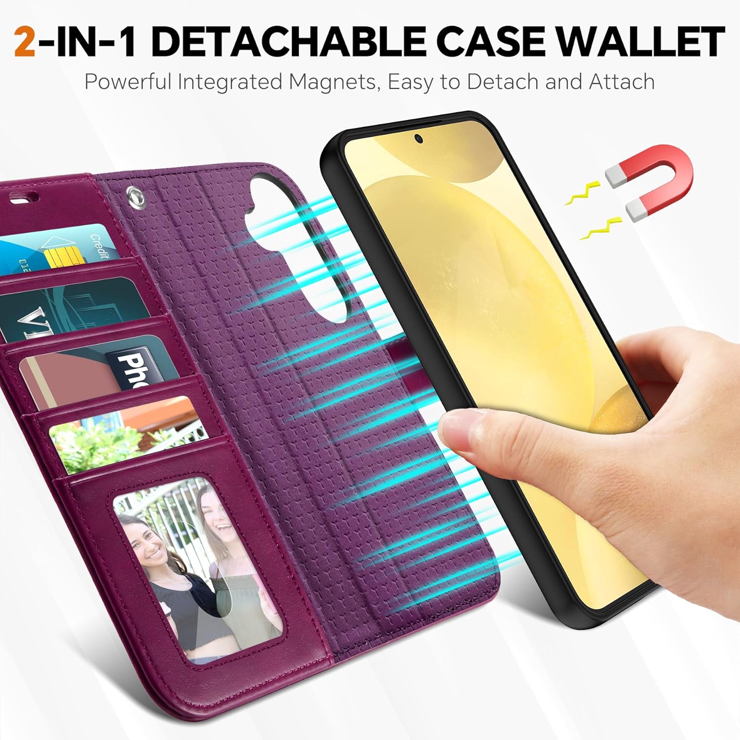 TUCCH Case for Galaxy S25, [Detachable] 2 in 1 Magnetic PU Leather Wallet Case Wrist Strap RFID Blocking Wireless Charging 4 Card Slot Kickstand Removable Flip Folio Cover for Galaxy S25, Plum Purple
