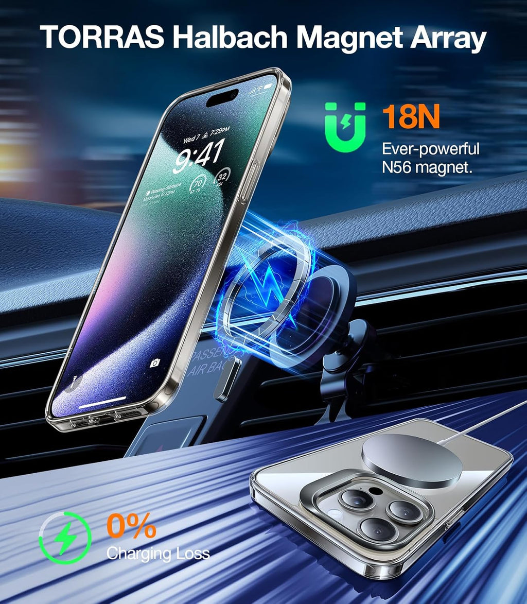 TORRAS Magnetic for iPhone 15 Pro Case, Compatible with MagSafe, Invisible Camera Kickstand, Military-Grade Shockproof Translucent Anti-Scratch Hard Back and Soft Edge Phone Case, Clear Grey
