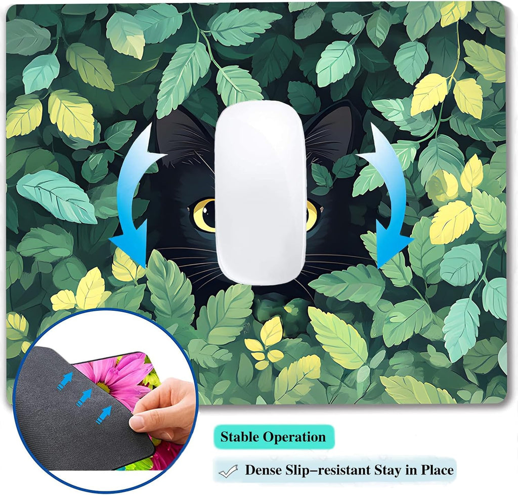 Green Flowers Black Cat Custom Mouse Pad with Non-Slip Rubber, Small Square Design for Wireless Laptop & Computer Mouse Pads for Desk, 9.5 x 7.9 inch Smooth Surface for Gaming & Office