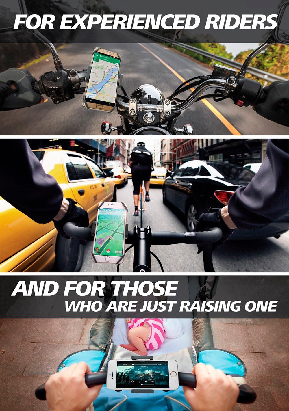 Bike & Motorcycle Phone Mount - For iPhone 16 (15, Xr, SE, Max/Plus), Galaxy S22 or any Cell Phone - Universal ATV, Mountain & Road Bicycle Handlebar Holder. +100 to Safeness & Comfort