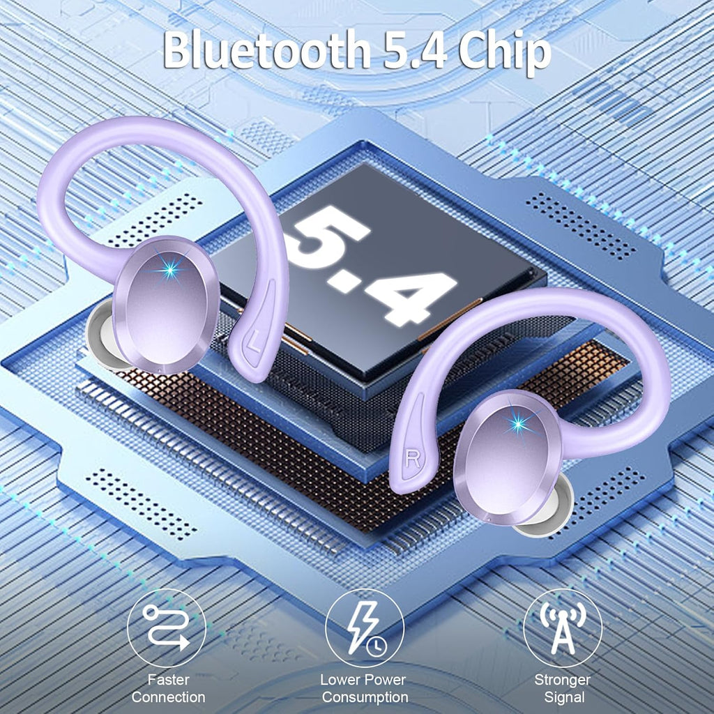 Wireless Earbud, Bluetooth 5.4 Headphones IP7 Waterproof for Sport, 48H Running Wireless Earphones with ENC Noise Cancelling Mic, Deep Bass Over Ear bud with Earhooks for Android, iOS, Workout, Purple