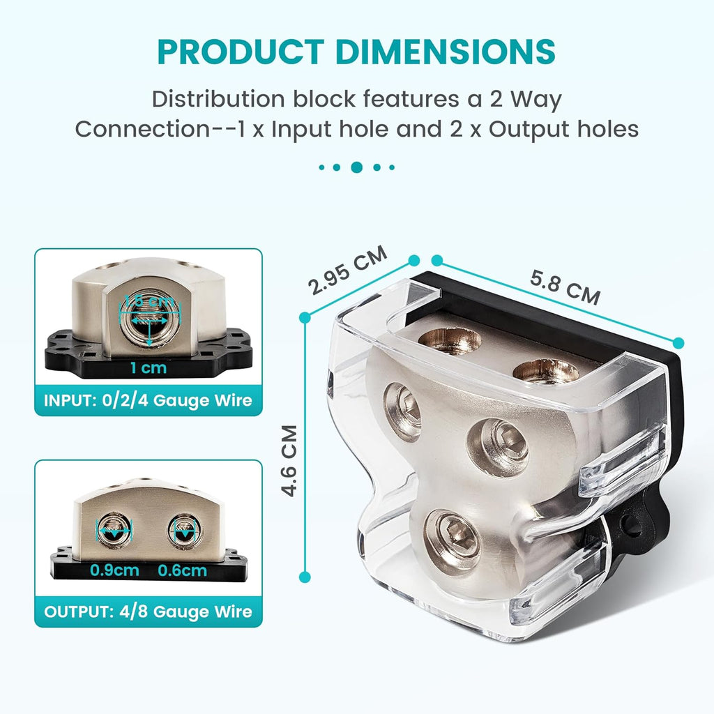 NuIth 2 Way Zine-Alloy Power Distribution Block, 0/2/4 Gauge in 4/8 Gauge Out Auto Car Audio Distribution Connecting Block, 2 Way Ground Distribution Block for Audio Amplifier Splitter, 1PC