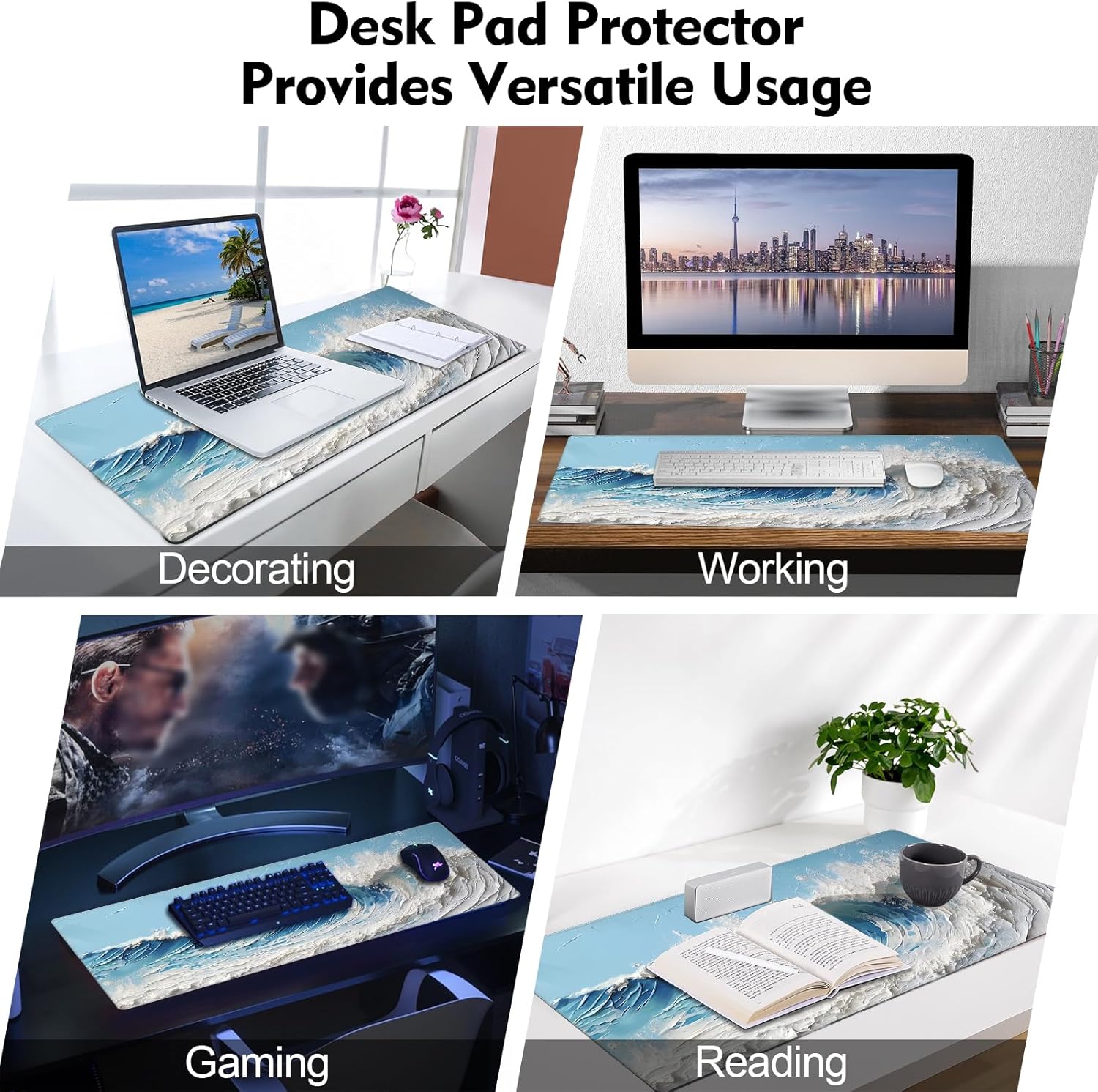 Galdas Gaming Mouse Pad XXL XL Large Long Extended Big Mousepad Non-Slip Rubber Keyboard Desk Pad with Stitched Edges for Laptop Home Office (31.5x11.8x0.08 Inch) … (Painting Waves)