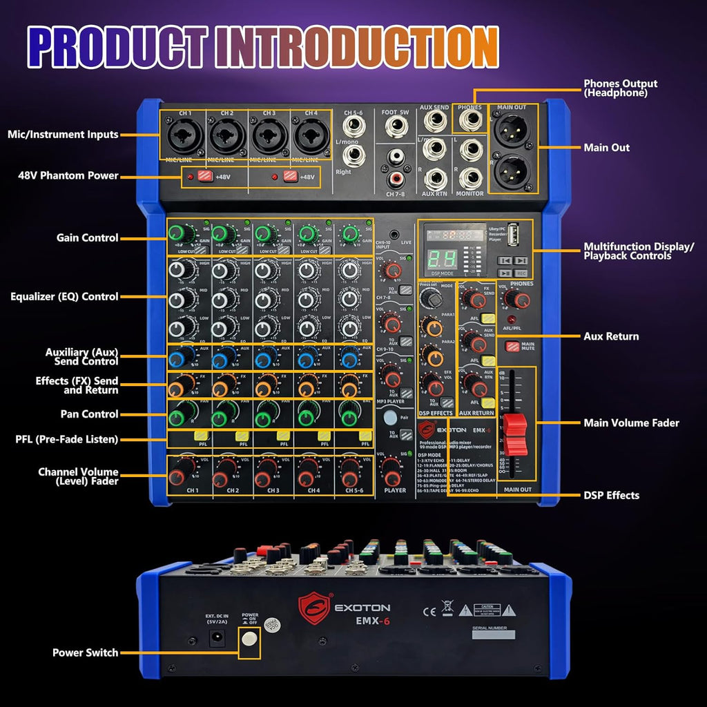 EXOTON Professional Audio Mixer Console, 6 Channel with USB, Bluetooth, MP3 Input, 48V Phantom Power, Ideal for Studio, Live Performance, and DJ Use