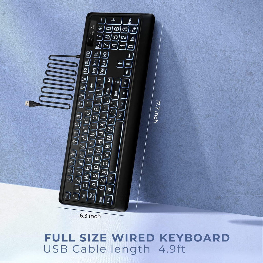 Large Print Backlit Keyboard, USB Wired Computer Keyboard, Full Size Keyboard with White Illuminated LED Compatible for Windows Desktop, Laptop, PC, Gaming, Black