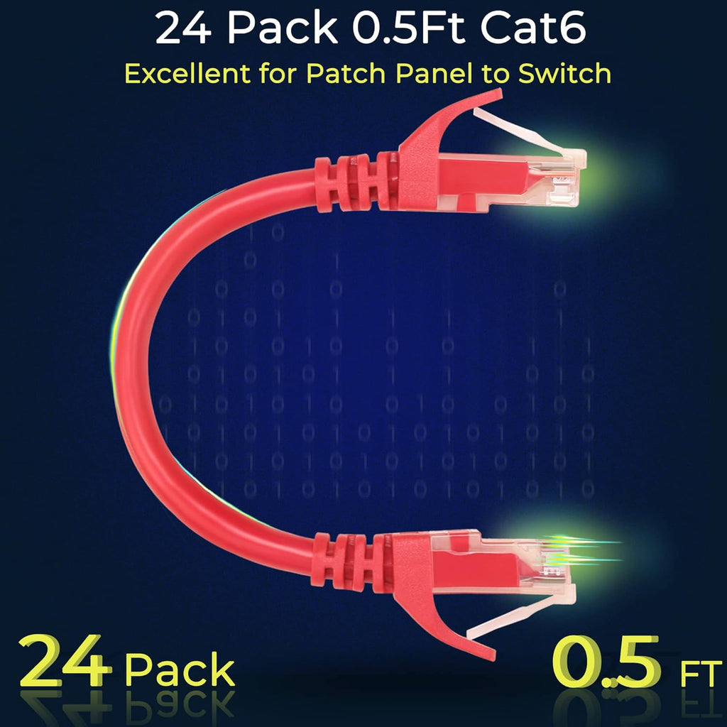 Rapink Patch Cables Cat6 0.5ft (24 Pack), Ethernet Patch Cable 10G Support, Cat 6 Patch Cable for Patch Panel to Switch, Flexiable Cat 6 Ethernet Cable with Gold Plated Red