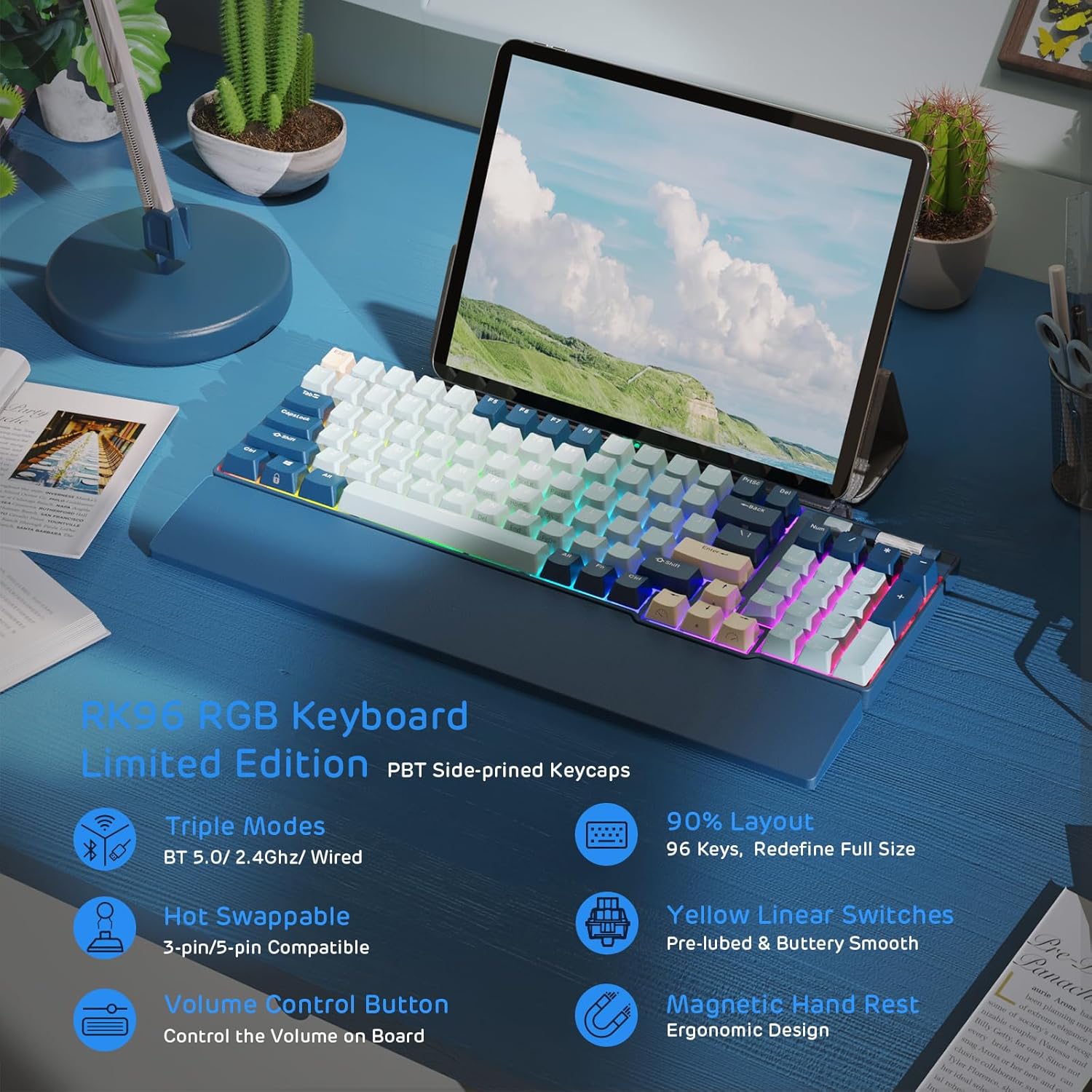 RK ROYAL KLUDGE RK96 RGB Limited Ed, 90% 96 Keys Wireless Triple Mode BT5.0/2.4G/USB-C Hot Swappable Mechanical Keyboard w/Wrist Rest, Software Support & Massive Battery, RK Yellow Switch
