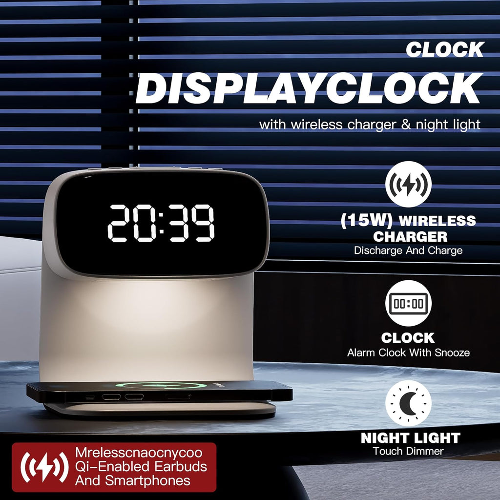 Digital Alarm Clock with Wireless Fast Charging Station 15W Touch Smart Lamp for Bedside,3 Colors Nightlight Adjustment Night Lamp for Living Room,Bedside,Heavy Sleepers (White-01-Adapter)