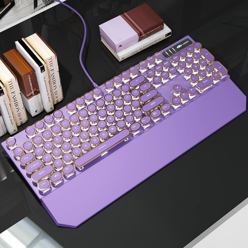 MageGee Typewriter Mechanical Gaming Keyboard, Retro Punk Purple Round Keycaps, 104 Keys LED White Backlit Wired Keyboards for Laptop MAC PC Gamer, with Magnetic Wrist Rest, Blue Switch