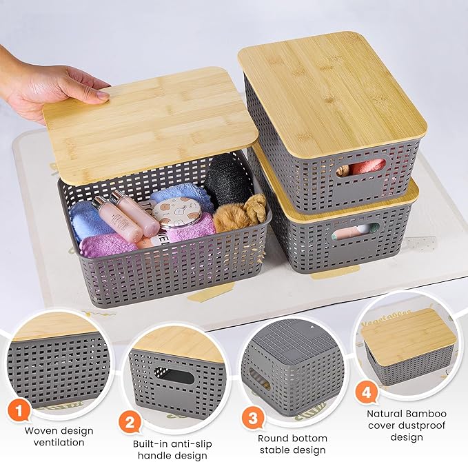 Plastic Storage Baskets With Bamboo Lid - Image 3