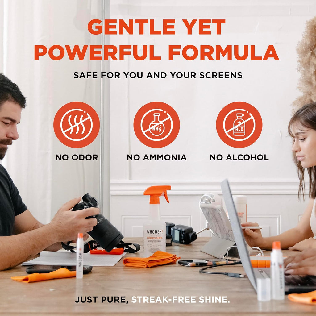 WHOOSH! Screen Shine Pro 16.9 fl oz Refillable TV Screen Cleaner with Microfiber Cloth - Streak-Free Cleaner for Flat Screen, OLED TV, LCD, Smart TV, and Monitors - Non-Toxic and Odorless Formula