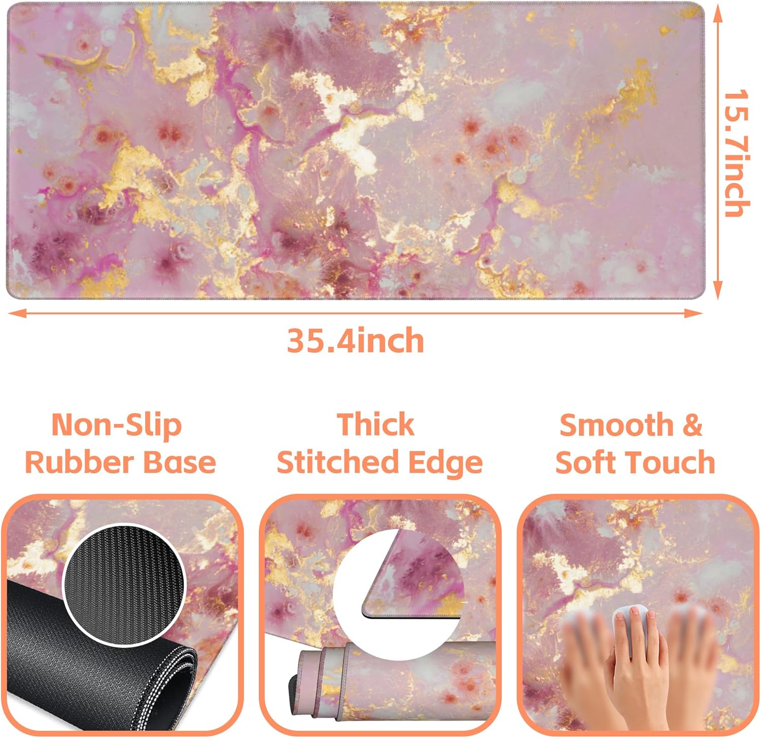 Mouse Pad Large Pink and Gold Marble Non-Slip Gaming Desk Mat with Stitched Edge Laptop Keyboard Desk Pad for Work Home Gaming (35.4 x 15.7 Inches)