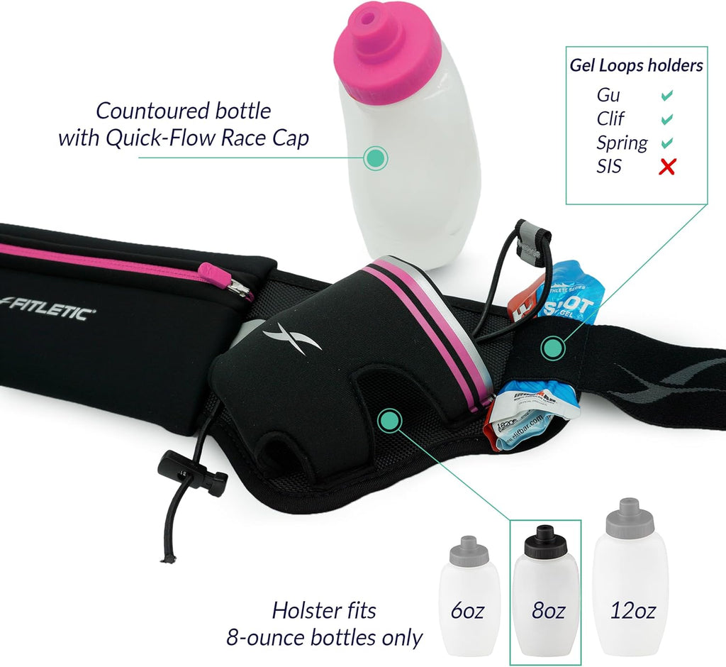 Fitletic Hydration Running Belt with Water Bottles for Men & Women – 2 Quick Flow 8oz Running Water Bottles, Patented Bounce Free Design, Water Resistant Pouch Fits All Phones – Hydra 16