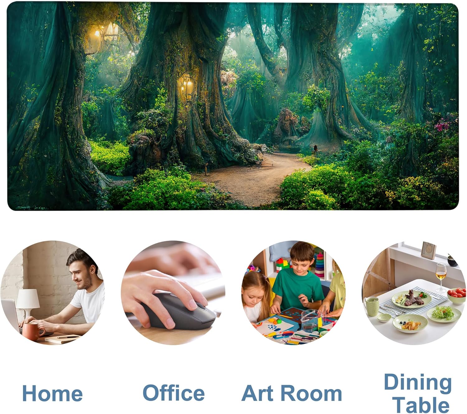 Gaming Desk Pad Large Extra Length Mysterious Forest Mouse Pad Keyboard Laptop Non-Slip Waterproof with Rubber Base Thick Stitched Edge Mouse Mat for Office Home 35.4 x 15.7 Inches