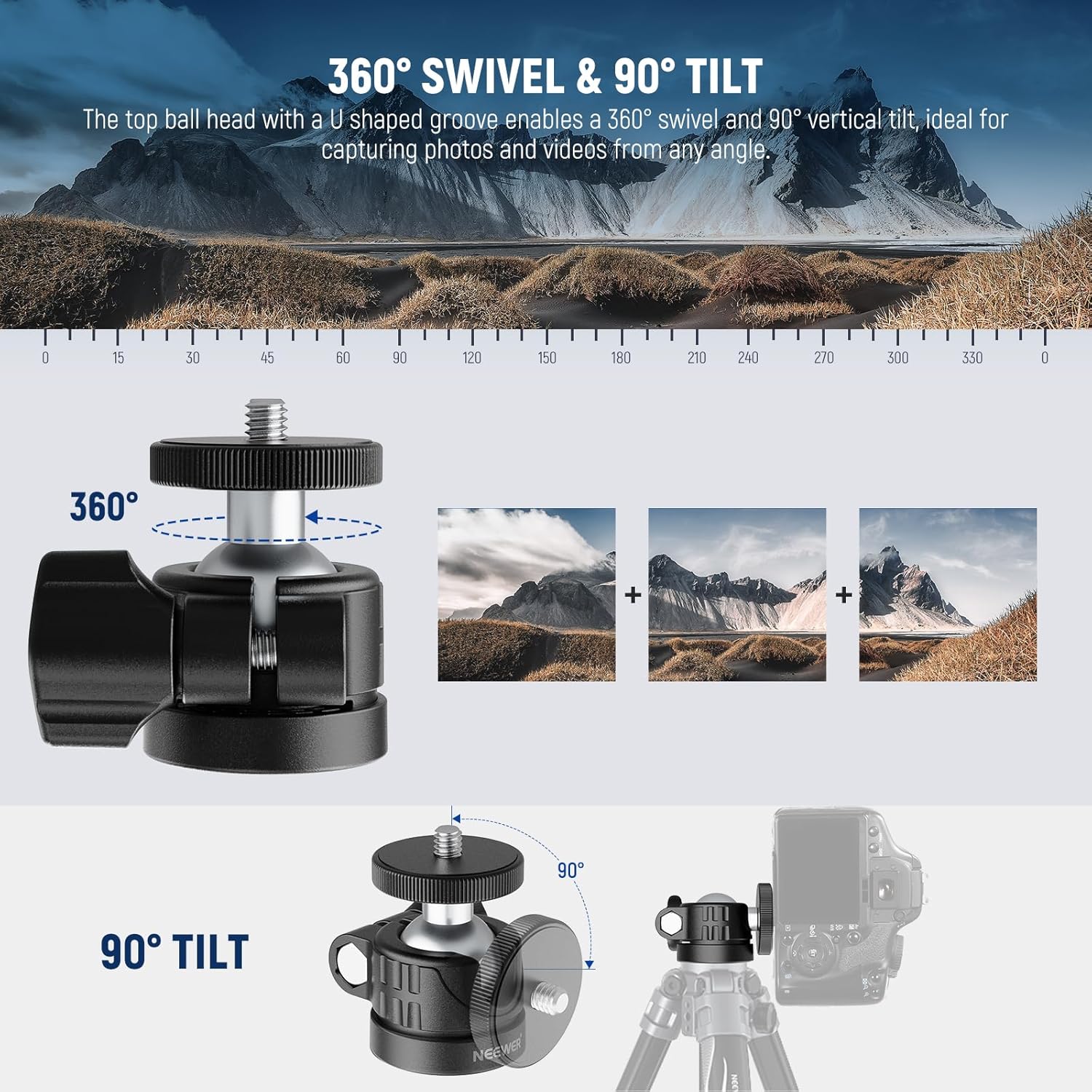 NEEWER Basic Mini Ball Head, Portable Tripod Head Camera Mount Adapter with 1/4" Screw for Compact DSLR Action Cam Phone LED Ring Light Monopod Slider, 4.4lb Max Load, 360° Swivel & 90° Tilt, GM01