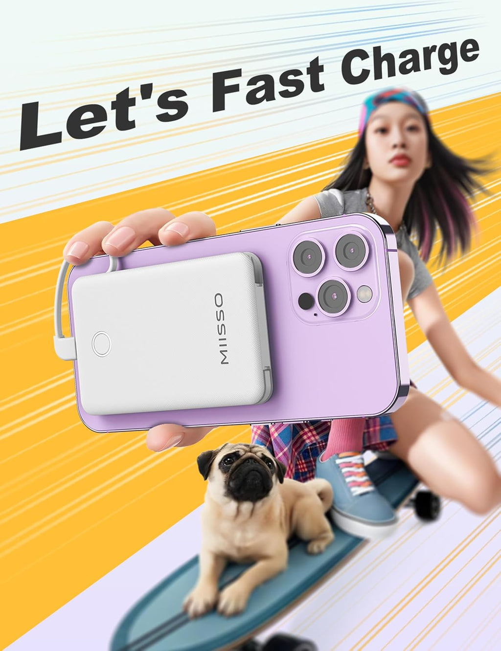 miisso 6000mah Ultra Slim Built in Cables Power Bank, Card Size Built in USB C Cords Battery Pack Portable Charger for Phones, 3 Output External Battery Pack Compatible with iPhone, Snow White