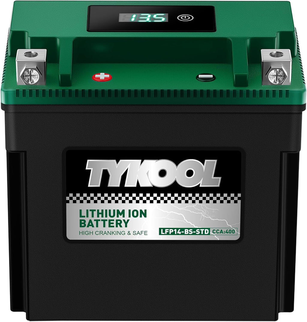 TYKOOL YTX14-BS-STD 400 CCA,Lithium LiFePO4 12v Motorcycle Battery,ATV Battery,2X Cranking Amps,Digital Readout for SOC,Comptitable for ATV,Piaggio Scooter,Honda UTV,Yamaha Snowmobile