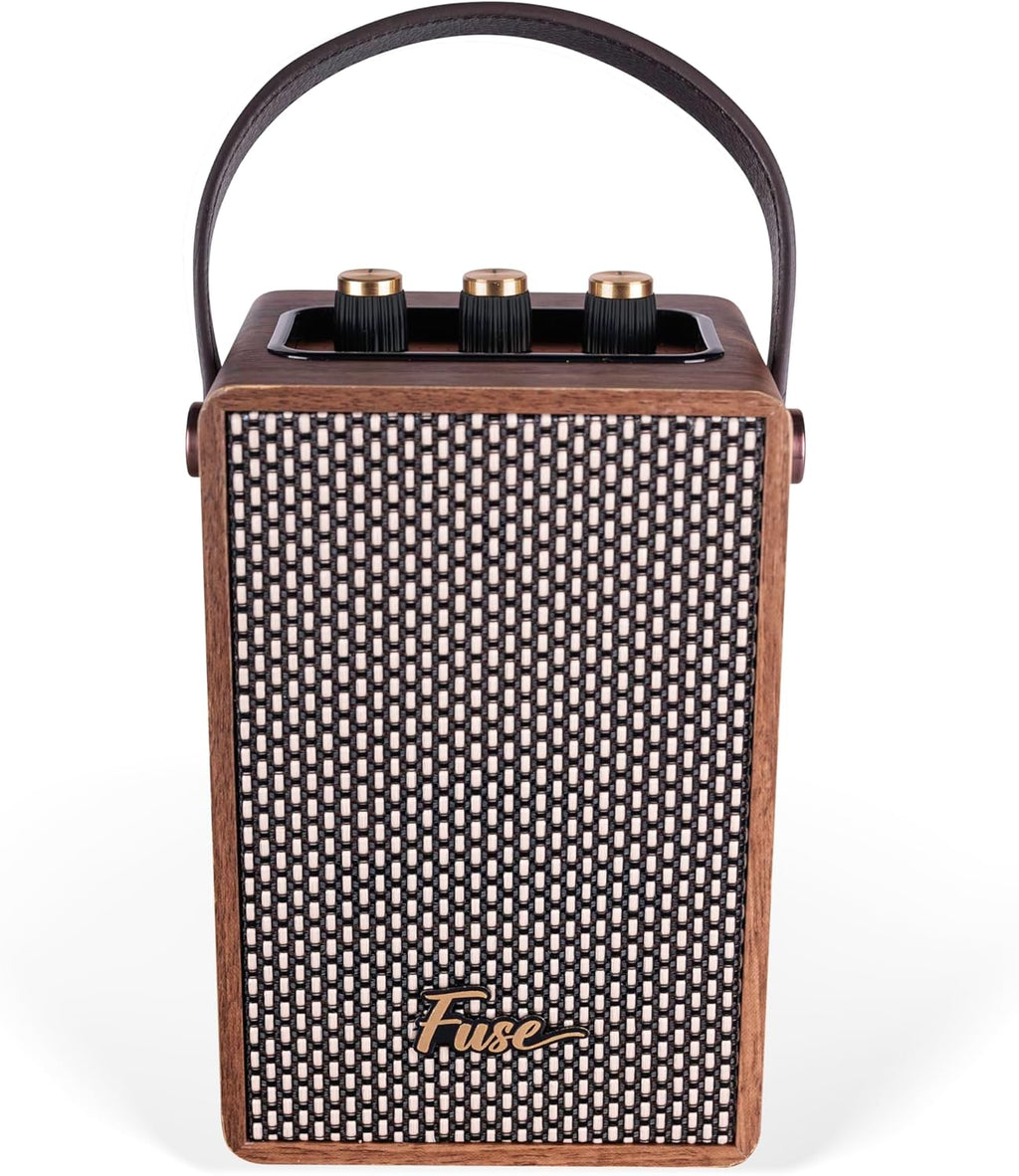 Fuse Andle Vintage Retro Bluetooth Speaker with Vegan Leather Handle | Portable Speaker with Smartphone Connection | USB & AUX Input | Stylish Brown Wood Exterior