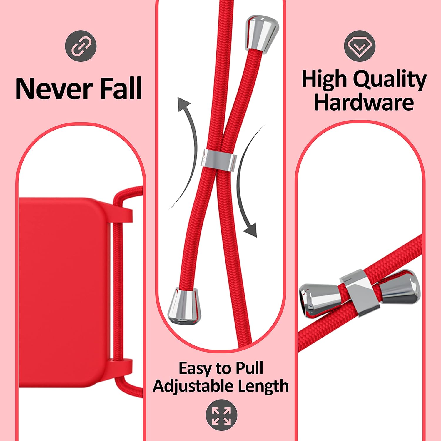 Blaspins Crossbody Lanyard Strap Case for iPhone 13, Neck Cross Body, Adjustable Holder Removable, Drop Protection Shockproof, Hands-Free Silicone Case Cover 6.1 inch, 150 cm Strap, iP13 - Red