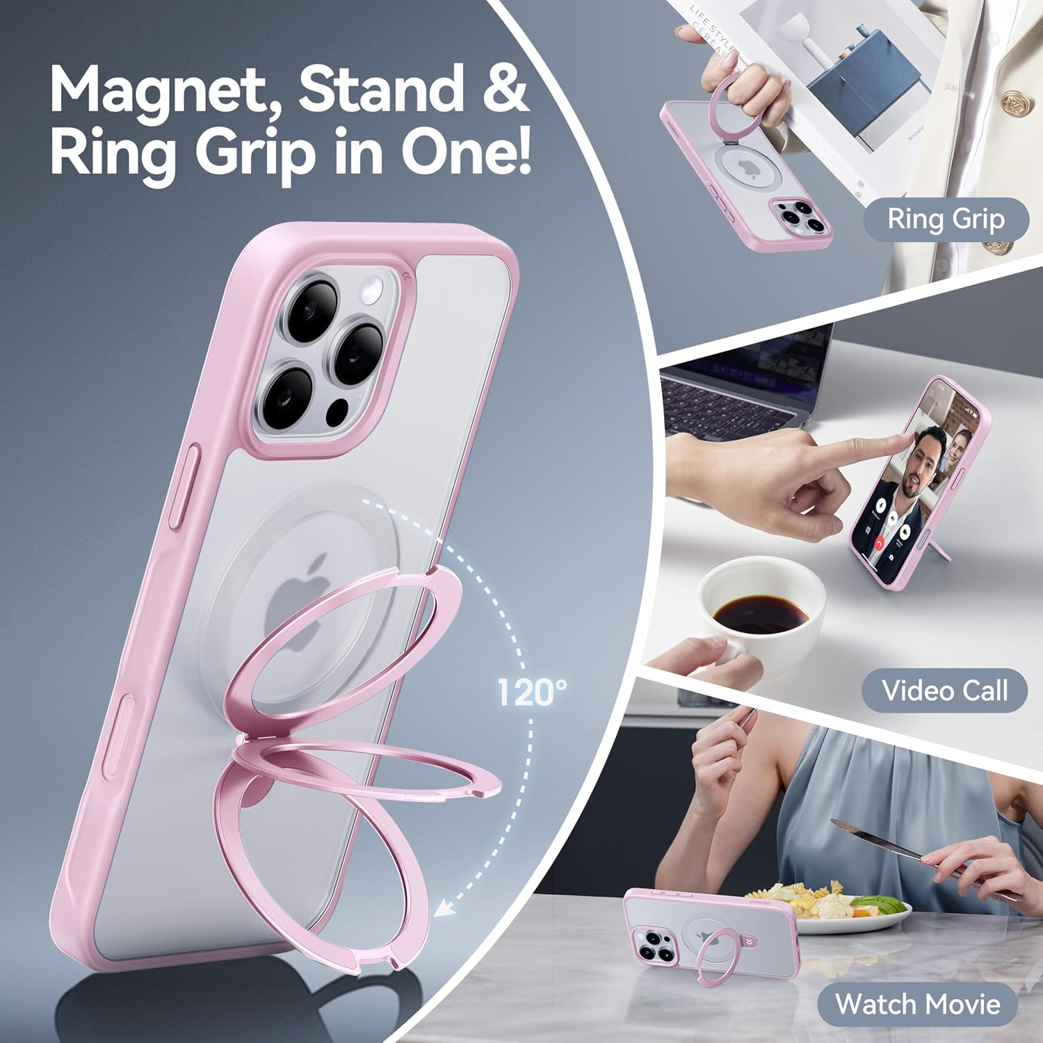 CASEKOO Designed for iPhone 16 Pro Case with Magnetic Invisible Stand [Military Drop Protection] [Compatible with MagSafe] Shockproof Slim Matte Translucent Case 6.3 Inch, Pink