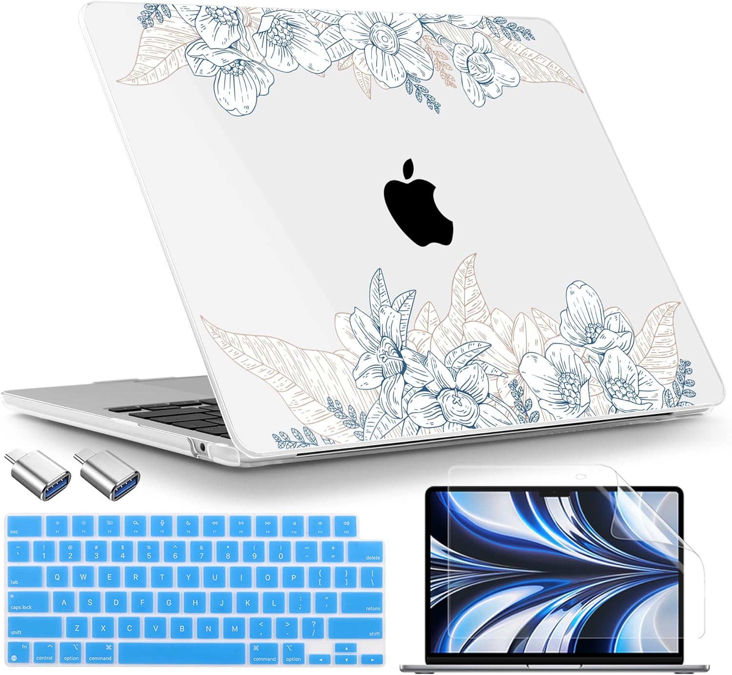 TWOLSKOO Compatible with M4 MacBook Air 13.6 inch Case 2025-2022 Release M4 A3240 M3 A3113 M2 A2681, Plastic Hard Shell & Keyboard Cover & Type C Adapter & Screen Protector, Engraved Sketch
